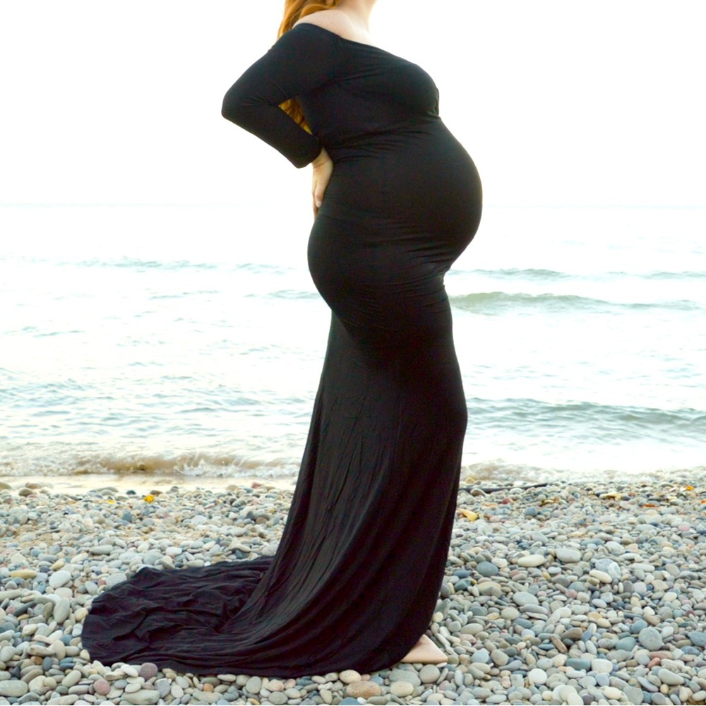Black Maternity Floor Length Dress with Train